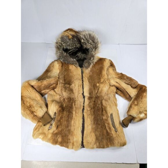 1970s Vintage Chestnut Hooded Zip Up Real Fur Jacket Coat‎ Women's Size 8-10 M - Picture 1 of 13